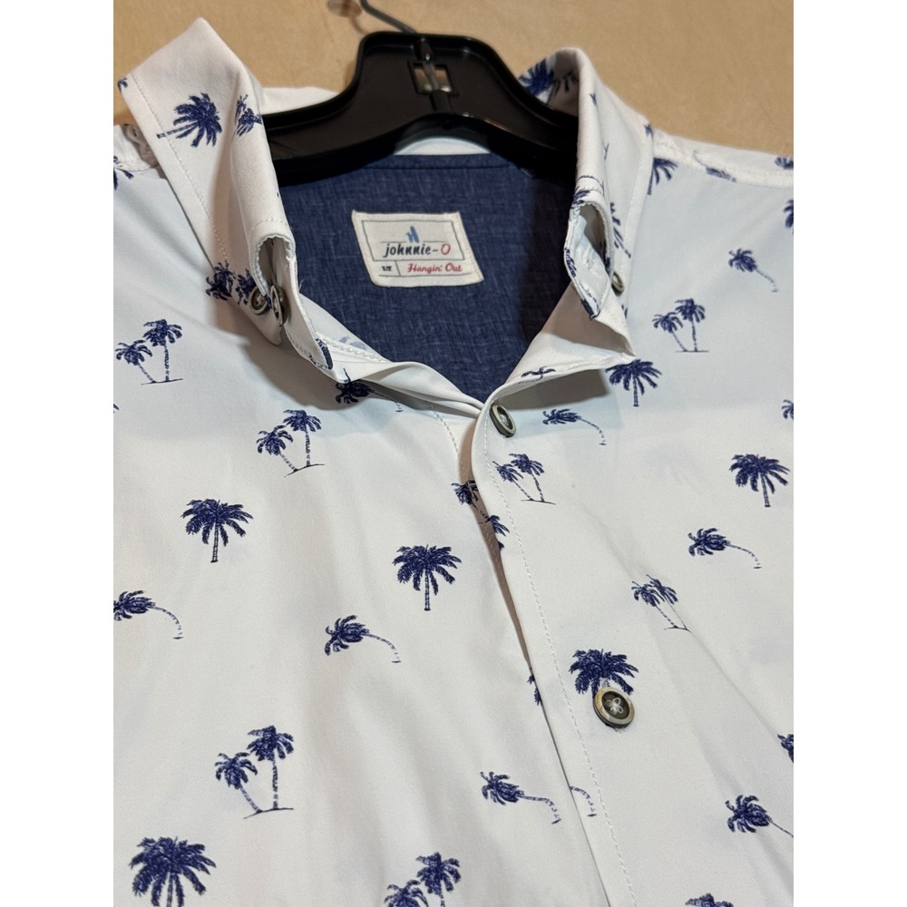 Johnnie-O Hangin Out Mens LT White Blue Palm Tree Short Sleeve Button Down Shirt